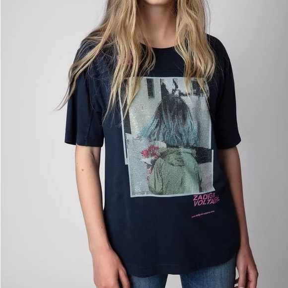 ZADIG & VOLTAIRE - BOW PHOTOPRINT STRASS - NAVY 🤩 NWT - Picture 1 of 8